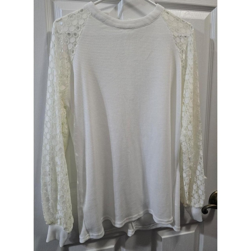 MIHOLL Boho White Waffle Knit Top with Sheer Lace Crochet Long Sleeves Size Larg